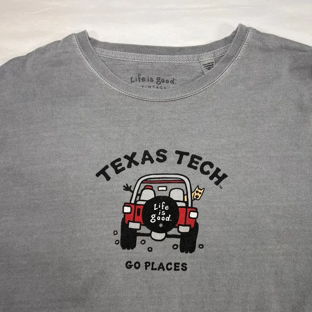 Texas Tech Life Is Good T-shirt Size L Gray Faded Vintage Wash Long Sleeve Tee